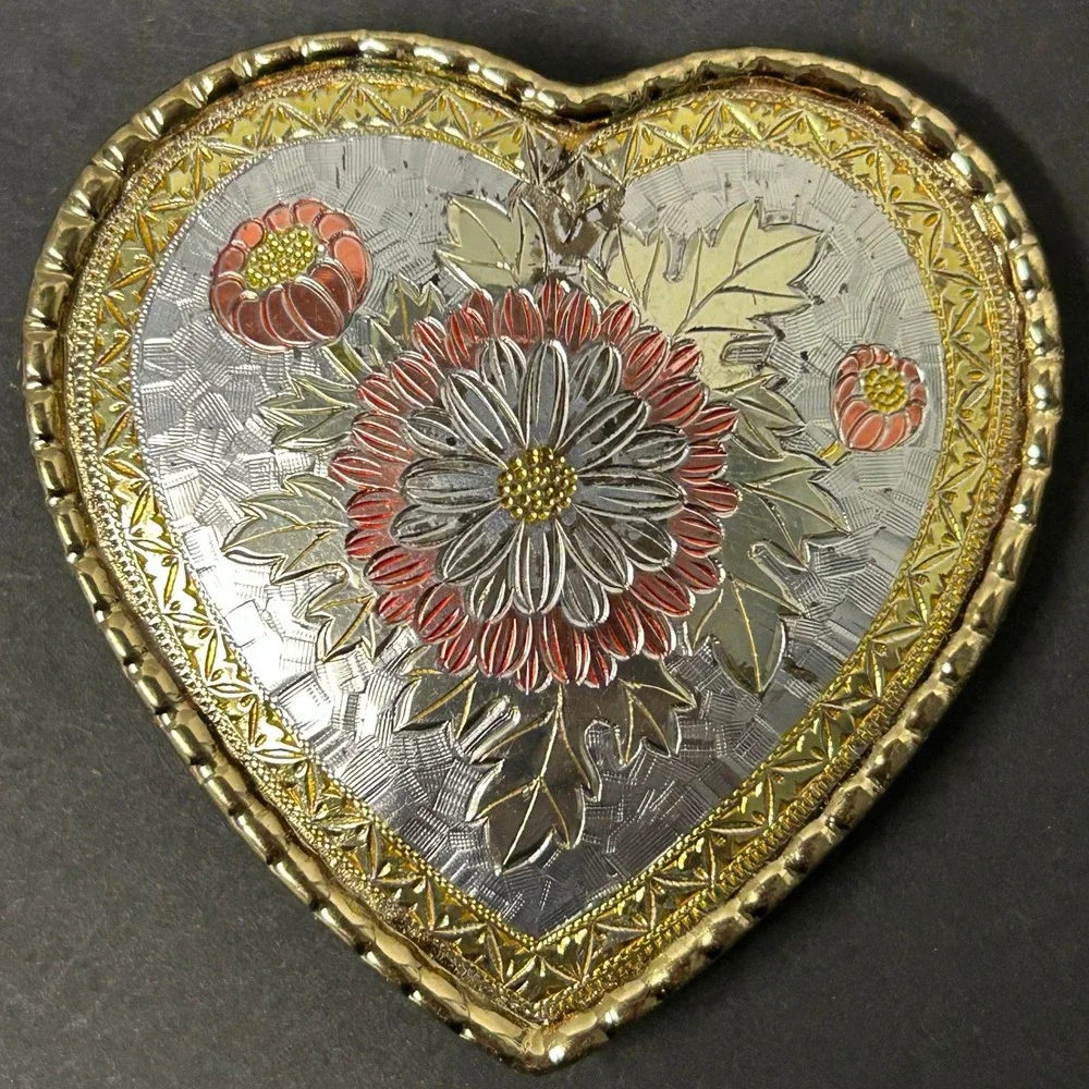 W USA Belt Buckle Women's Gold Silver Rose Heart Western Floral Engraved